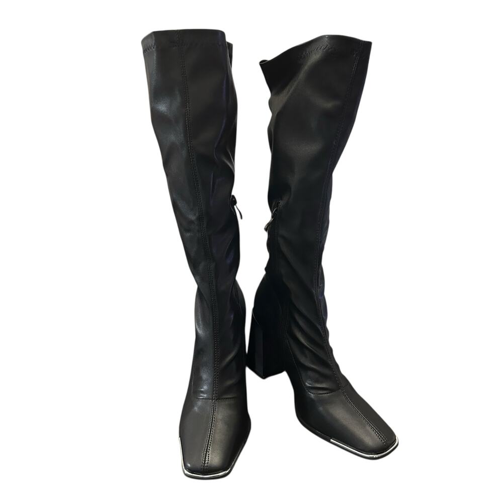 Pretty Little Thing Black Boots Square Toe Silver Calf Heeled Sock Boots Size 7 - Picture 2 of 8